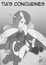 Size: 708x1000 | Tagged: safe, artist:freckles, derpibooru import, princess celestia, oc, alicorn, pegasus, pony, unicorn, comic:tia's concubines, canon x oc, eyes closed, female, glasses, grayscale, looking down, lying down, male, mare, monochrome, prone, smiling, stallion