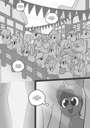 Size: 708x1000 | Tagged: safe, artist:freckles, derpibooru import, oc, oc only, earth pony, pegasus, pony, unicorn, comic:tia's concubines, dialogue, female, filly, foal, glasses, grayscale, hat, lidded eyes, male, mare, monochrome, open mouth, open smile, smiling, speech bubble, stallion, thought bubble