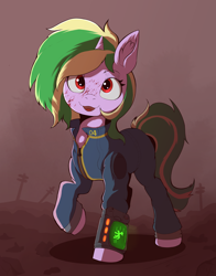 Size: 4700x6000 | Tagged: safe, artist:tatykin, oc, oc only, oc:iron sonata, pony, unicorn, fallout equestria, fallout equestria: foal of the wastes, absurd resolution, blood, clothes, cute, digital art, featured image, female, filly, foal, grimcute, horn, looking at you, ocbetes, open mouth, open smile, pipbuck, red eyes, smiling, smiling at you, solo, stable jumpsuit, unicorn oc, wasteland