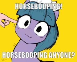 Size: 960x768 | Tagged: safe, artist:nullpotower, edit, editor:undeadponysoldier, tote bag (character), oc, oc:anon, earth pony, pony, :3, cat smile, cute, disembodied hand, duo, female, happy, image macro, imminent boop, looking at you, maid, mare, meme, mob cap, pointing, pun, simple background, smiling, solo focus, yellow background