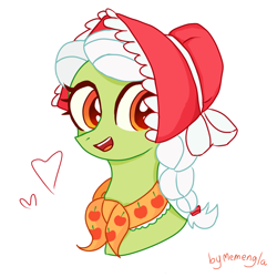 Size: 1200x1200 | Tagged: safe, artist:memengla, derpibooru import, granny smith, earth pony, pony, bonnet, bust, cute, female, granny smith's shawl, heart, mare, open mouth, open smile, simple background, smiling, solo, white background, young granny smith, younger