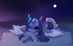 Size: 2271x1437 | Tagged: safe, artist:astralblues, derpibooru import, oc, oc only, butterfly, pegasus, pony, ear tufts, freckles, full moon, grass, looking at something, lying down, lying on the ground, moon, one eye closed, prone, smiling, solo, spread wings, wings