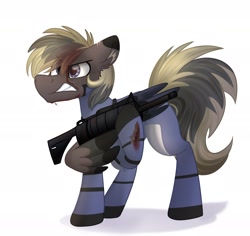 Size: 2123x2007 | Tagged: safe, artist:littleblackraencloud, derpibooru import, oc, oc only, pegasus, pony, blood, gun, pegasus oc, solo, weapon