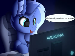 Size: 1920x1440 | Tagged: safe, artist:alexbefest, derpibooru import, princess luna, alicorn, pony, unicorn, blue, cute, female, filly, foal, gamer luna, luna game, solo, woona, younger