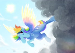 Size: 4096x2896 | Tagged: safe, artist:boorakun, derpibooru import, rainbow dash, pegasus, pony, backwards cutie mark, cloud, cloud busting, colored wings, female, flying, high res, kicking, mare, multicolored wings, rainbow wings, signature, solo, sun, watermark, wings