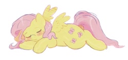 Size: 945x449 | Tagged: safe, artist:boorakun, derpibooru import, fluttershy, pegasus, pony, 2021, blushing, colored sketch, eyes closed, female, lying down, mare, one ear down, prone, simple background, sleeping, solo, spread wings, white background, wings