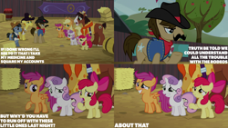 Size: 1280x720 | Tagged: safe, derpibooru import, edit, edited screencap, editor:quoterific, screencap, apple bloom, applejack, scootaloo, sheriff silverstar, sweetie belle, trouble shoes, earth pony, pegasus, pony, unicorn, appleoosa's most wanted, season 5, apple bloom's bow, applejack's hat, bow, clothes, cowboy hat, cutie mark crusaders, female, filly, foal, grin, hair bow, hat, male, mare, nervous, nervous grin, open mouth, smiling, stallion, text, tree