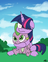 Size: 2550x3300 | Tagged: safe, artist:loreto-arts, derpibooru import, spike, twilight sparkle, unicorn twilight, dragon, pony, unicorn, big sister twilight, female, glowing, glowing eyes, hair over one eye, hug, male, mama twilight, mare, overprotective, spikelove