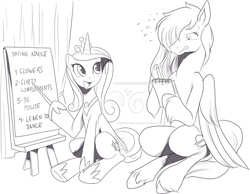 Size: 1613x1254 | Tagged: safe, artist:nauyaco, derpibooru import, princess cadance, oc, pegasus, pony, dexterous hooves, duo, female, hoof hold, male, mare, monochrome, notepad, pencil, pointer, sitting, stallion, sweat, tongue, tongue out, unshorn fetlocks