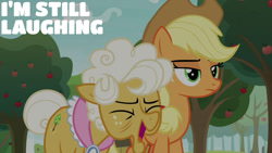 Size: 1280x720 | Tagged: safe, derpibooru import, edit, edited screencap, editor:quoterific, screencap, applejack, goldie delicious, earth pony, pony, going to seed, season 9, spoiler:s09, apple, applejack's hat, clothes, cowboy hat, duo, eyes closed, female, food, hat, mare, open mouth, open smile, smiling, text, tree