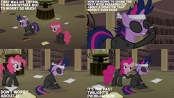 Size: 1280x720 | Tagged: safe, derpibooru import, edit, edited screencap, editor:quoterific, screencap, pinkie pie, twilight sparkle, unicorn twilight, earth pony, pony, unicorn, it's about time, season 2, bookshelf, disguise, duo, eyepatch, eyepatch (disguise), eyes closed, female, hourglass, library, mare, ninja, open mouth, open smile, smiling, text