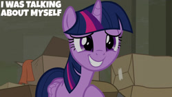 Size: 1280x720 | Tagged: safe, derpibooru import, edit, edited screencap, editor:quoterific, screencap, twilight sparkle, twilight sparkle (alicorn), alicorn, pony, season 6, the saddle row review, box, female, grin, mare, smiling, solo, text