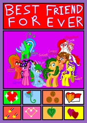 Size: 724x1024 | Tagged: safe, artist:indonesia pony, derpibooru import, oc, oc:cookie berry, oc:freedom luck, oc:galaxy moon, oc:sparkle dust, oc:star glitter, oc:sugar luck, oc:sweet me, oc:tulip, breezie, dracony, dragon, earth pony, hybrid, original species, pegasus, unicorn, best friends, cookie, cutie mark, female, flower, flower in hair, flying, food, heart, indonesia, indonesian, leaves, looking at someone, looking at you, mare, one eye closed, open mouth, ponytail, raised hoof, raised leg, sitting, smiling, smiling at you, sparkling, sparkly mane, tulip, wink, winking at you