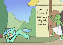 Size: 1414x1000 | Tagged: safe, alternate version, artist:happy harvey, derpibooru import, lyra heartstrings, oc, oc:anon, human, pony, unicorn, bag, bush, chase, clothes, colored pupils, crime, cute, drawn on phone, fist, food, grass, house, l.u.l.s., oats, open door, open mouth, path, running, slippers, stealing, towel, towel around waist, tree, window, yelling
