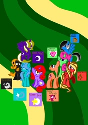 Size: 724x1024 | Tagged: safe, artist:indonesia pony, derpibooru import, oc, oc:aqua flight, oc:cloud cotton, oc:coffe blast, oc:color splash, oc:glitter star, oc:night melody, oc:palette rainbow, oc:ramisya, alicorn, changeling, earth pony, pegasus, pony, unicorn, cutie mark, depressed, eye clipping through hair, female, flying, indonesia, looking at something, looking at you, mare, open mouth, raised hoof, raised leg, shy, sitting, smiling