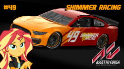 Size: 1022x572 | Tagged: safe, derpibooru import, sunset shimmer, equestria girls, assetto corsa, car, female, ford, ford mustang, game, logo, nascar, racecar, showroom, solo, team