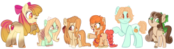 Size: 1280x364 | Tagged: safe, artist:maximumpiracy, derpibooru import, apple bloom, oc, oc only, oc:aurora golden gala, oc:cinnamon apple bun, oc:golden delicious, oc:peach fuzz, oc:smerelda apple, earth pony, pony, adopted offspring, base used, bow, earth pony oc, female, filly, foal, hair bow, mare, offspring, older, older apple bloom, parent:apple bloom, parent:button mash, parent:carrot crunch, parent:sweetie belle, parents:crunchbloom, parents:sweetiemash, simple background, transparent background