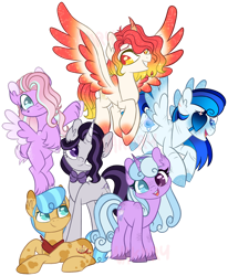 Size: 1280x1551 | Tagged: safe, artist:maximumpiracy, derpibooru import, oc, oc only, alicorn, earth pony, pegasus, pony, unicorn, alicorn oc, base used, earth pony oc, eyepatch, female, heterochromia, horn, magical lesbian spawn, male, mare, neckerchief, offspring, parent:fluttershy, parent:inky rose, parent:king sombra, parent:pinkie pie, parent:princess cadance, parent:princess celestia, parent:rarity, parent:shining armor, parent:starlight glimmer, parent:trixie, parents:celestibra, parents:shiningcadance, parents:trixiepie, simple background, stallion, story included, transparent background, unicorn oc, wings