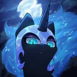 Size: 1324x1324 | Tagged: safe, artist:glazirka, derpibooru import, nightmare moon, alicorn, pony, bust, female, looking at you, mare, moon, portrait, solo