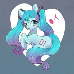 Size: 2000x2000 | Tagged: safe, artist:ayahana, derpibooru import, earth pony, pony, anime, blushing, butt, female, gradient background, gradient mane, gradient tail, hatsune miku, heart, high res, hooves, looking at you, looking back, mare, music notes, open mouth, open smile, plot, ponified, raised hoof, raised leg, side view, smiling, smiling at you, solo, tail, underhoof, vocaloid