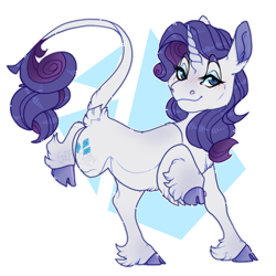 Size: 900x900 | Tagged: safe, artist:seffiron, derpibooru import, rarity, classical unicorn, pony, unicorn, abstract background, cloven hooves, female, leonine tail, mare, raised hoof, raised leg, simple background, smiling, solo, transparent background, unshorn fetlocks