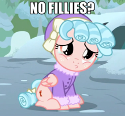 Size: 540x500 | Tagged: safe, derpibooru import, edit, edited screencap, screencap, cozy glow, pegasus, pony, frenemies (episode), caption, clothes, cozy glow is best facemaker, cozybetes, cropped, cute, female, filly, foal, hat, image macro, megamind, meme, no bitches?, ponified, ponified meme, pouting, sad, sitting, snow, solo, text, text edit, winter outfit