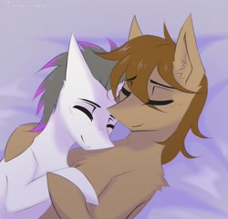 Size: 2048x1975 | Tagged: safe, artist:taleriko, derpibooru import, oc, oc only, oc:haze rad, oc:talu gana, pegasus, pony, unicorn, bed, blushing, chest fluff, commission, cuddling, cute, eyebrows, eyebrows visible through hair, eyes closed, gay, highlights, horn, lying down, male, not rumble, on back, pegasus oc, smiling, stallion, unicorn oc