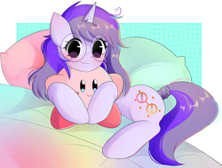 Size: 1167x883 | Tagged: safe, artist:franshushu, derpibooru import, oc, oc only, oc:glass sight, pony, unicorn, bed, blushing, commission, cute, female, glasses, kirby, looking at you, mare, ocbetes, plushie