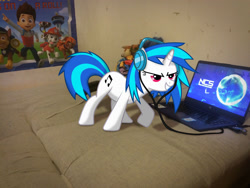 Size: 3264x2448 | Tagged: safe, artist:silentmatten, artist:tmntmlp4ever2000, derpibooru import, dj pon-3, vinyl scratch, pony, computer, irl, laptop computer, paw patrol, photo, ponies in real life, solo