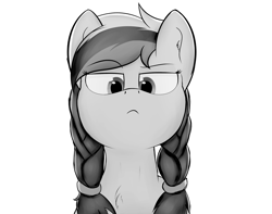 Size: 2994x2360 | Tagged: safe, artist:schwarzesskreuz, derpibooru import, edit, oc, oc only, oc:marussia, earth pony, pony, :<, braid, bust, chest fluff, earth pony oc, eyebrows, eyebrows visible through hair, female, grayscale, high res, mare, monochrome, nation ponies, pathetic, raised eyebrow, russia, simple background, solo, white background