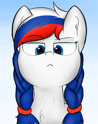 Size: 1910x2400 | Tagged: safe, artist:schwarzesskreuz, derpibooru import, oc, oc only, oc:marussia, earth pony, pony, :<, braid, bust, chest fluff, earth pony oc, eyebrows, eyebrows visible through hair, female, frown, gradient background, high res, mare, multicolored mane, nation ponies, pathetic, ponified, raised eyebrow, russia, solo