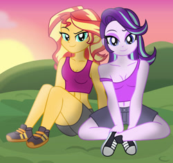 Size: 1024x966 | Tagged: safe, artist:emeraldblast63, artist:zachc, derpibooru import, starlight glimmer, sunset shimmer, equestria girls, belly button, converse, duo, duo female, female, midriff, shoes, sitting