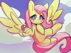 Size: 1600x1200 | Tagged: safe, artist:choyamy, derpibooru import, fluttershy, pegasus, pony, cloud, cute, female, flying, frog (hoof), looking at you, mare, shyabetes, sky, solo, spread wings, underhoof, wings