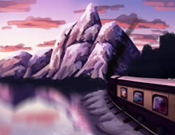 Size: 3250x2500 | Tagged: safe, artist:vezja, derpibooru import, fluttershy, rainbow dash, twilight sparkle, unicorn twilight, pegasus, pony, unicorn, cloud, female, forest, lake, mare, mountain, reflection, scenery, scenery porn, smoke, sunset, train, train tracks, water, window