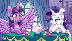 Size: 3840x2160 | Tagged: safe, artist:vladivoices, derpibooru import, rarity, twilight sparkle, twilight sparkle (alicorn), alicorn, pony, unicorn, fanfic:twilight sparkle has a type, animatic, blushing, cup, duo, female, lidded eyes, multiple variants, spread wings, table, tea kettle, teacup, wingboner, wings
