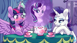 Size: 3840x2160 | Tagged: safe, alternate version, artist:vladivoices, derpibooru import, rarity, starlight glimmer, twilight sparkle, twilight sparkle (alicorn), alicorn, pony, unicorn, fanfic:twilight sparkle has a type, alternate character, animatic, blushing, cup, female, implied lesbian, implied shipping, implied twistarlight, lidded eyes, multiple variants, spread wings, table, tea kettle, teacup, wingboner, wings