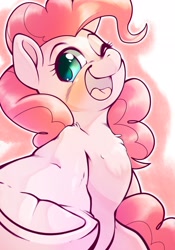 Size: 1430x2048 | Tagged: safe, artist:kurogewapony, derpibooru import, pinkie pie, earth pony, pony, abstract background, bipedal, blushing, cute, diapinkes, female, looking at you, mare, open mouth, open smile, smiling, smiling at you, solo