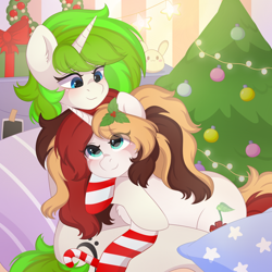 Size: 3000x3000 | Tagged: safe, artist:yomechka, derpibooru import, oc, oc only, oc:scarlet serenade, oc:vinyl mix, pony, unicorn, blushing, christmas, christmas tree, duo, duo female, ear fluff, ears, eye clipping through hair, female, high res, holiday, holly, horn, mare, oc x oc, shipping, tree, unicorn oc