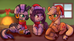 Size: 1945x1080 | Tagged: safe, artist:vladivoices, derpibooru import, applejack, oc, earth pony, pony, zebra, christmas, clothes, earth pony oc, fire, fireplace, hat, holiday, santa hat, scarf, trio