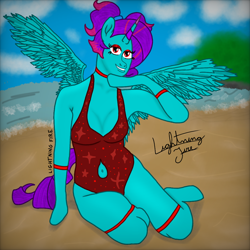 Size: 1080x1080 | Tagged: safe, derpibooru import, oc, oc:maconha turquesa, alicorn, anthro, beach, clothes, swimsuit