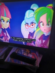 Size: 3000x4000 | Tagged: safe, derpibooru import, lemon zest, sour sweet, sugarcoat, equestria girls, friendship games, female, hand on hip, photo, picture of a screen, subtitles, unleash the magic