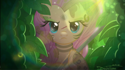 Size: 2073x1169 | Tagged: safe, artist:dawnflame, derpibooru import, fluttershy, pegasus, pony, the cutie map, alternate timeline, blood, bodypaint, chrysalis resistance timeline, ear piercing, earring, female, forest, frown, jewelry, looking at you, mare, piercing, spear, sunlight, tribalshy, weapon