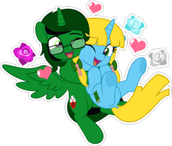 Size: 5000x4232 | Tagged: safe, artist:jhayarr23, derpibooru import, oc, oc only, oc:fernando jesús, oc:sunshine denom, alicorn, pony, unicorn, alicorn oc, bow, commission, cute, female, flower, hair bow, hearts and hooves day, holiday, horn, hug, hug from behind, looking at each other, looking at someone, male, mare, oc x oc, one eye closed, open mouth, open smile, pink floyd, rose, shipping, simple background, smiling, spread wings, stallion, straight, the wall, transparent background, unicorn oc, valentine's day, white outline, wings, ych result, your character here