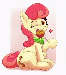 Size: 2020x2289 | Tagged: safe, artist:pabbley, derpibooru import, apple bumpkin, earth pony, pony, apple, apple family member, background pony, bandana, caramel apple (food), cute, eating, female, floating heart, food, frog (hoof), heart, high res, holding, hoof hold, looking at you, mare, mouth hold, one eye closed, open mouth, sitting, smiling, solo, underhoof, wink
