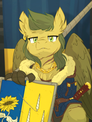 Size: 5400x7200 | Tagged: safe, artist:equestria-prevails, artist:goatanimedatingsim, derpibooru import, oc, oc only, hippogriff, hybrid, original species, ambiguous gender, amputee, armor, clothes, hippogriff oc, lance, lidded eyes, looking at you, scar, shield, sitting, solo, spear, ukraine, weapon