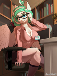 Size: 1500x2000 | Tagged: safe, artist:discordthege, oc, oc only, anthro, pegasus, blouse, breasts, cleavage, clothes, commission, computer, digital art, female, glasses, looking at you, office, office lady, pose, shirt, sitting, skirt, socks, solo, solo female, spread wings, tail, thighs, wide hips, wings