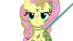 Size: 2073x1169 | Tagged: safe, artist:dawnflame, derpibooru import, fluttershy, pegasus, pony, the cutie map, alternate timeline, blood, bodypaint, chrysalis resistance timeline, ear piercing, earring, frown, jewelry, looking at you, messy mane, mud, piercing, simple background, transparent background, tribalshy
