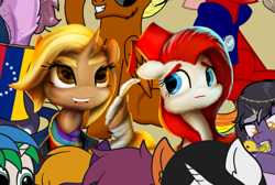 Size: 1161x778 | Tagged: safe, artist:nicolaykoriagin, derpibooru import, doctor whooves, oc, oc:gallop crush, pegasus, pony, unicorn, 2022 community collab, clothes, derpibooru community collaboration, doctor who, fez, fourth doctor's scarf, hat, high res, scarf, sonic screwdriver, striped scarf