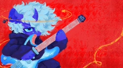 Size: 2048x1142 | Tagged: safe, artist:astro_eden, derpibooru import, oc, oc only, oc:can opener, pony, unicorn, cross, crying, electric guitar, fish whisperer, guitar, halo, inverted cross, magic, musical instrument, red background, simple background, solo, song art, vylet pony
