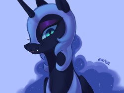 Size: 2732x2048 | Tagged: safe, artist:maren, derpibooru import, nightmare moon, alicorn, pony, blue background, bust, cute, cute little fangs, eyeshadow, fangs, female, helmet, jewelry, looking at you, makeup, mare, moonabetes, regalia, simple background, smiling, smiling at you, solo